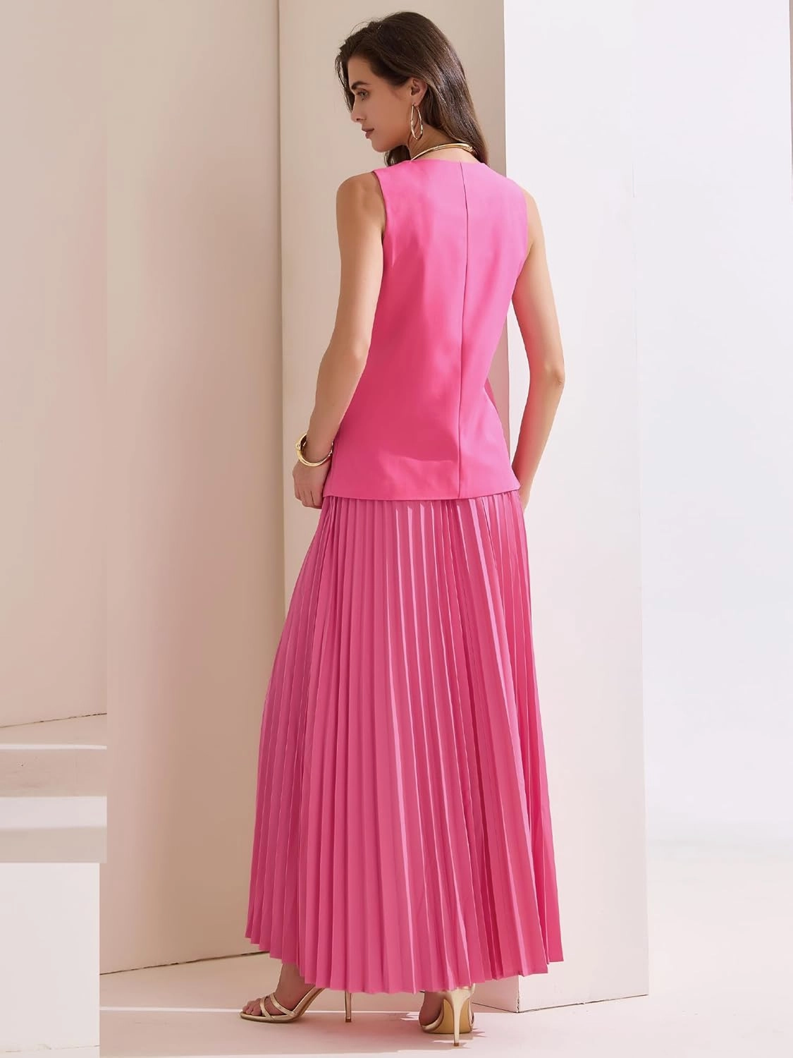 Allegra K Women's 2 Piece Summer Outfits V Neck Sleeveless Button Vest Maxi Pleated Skirts Set