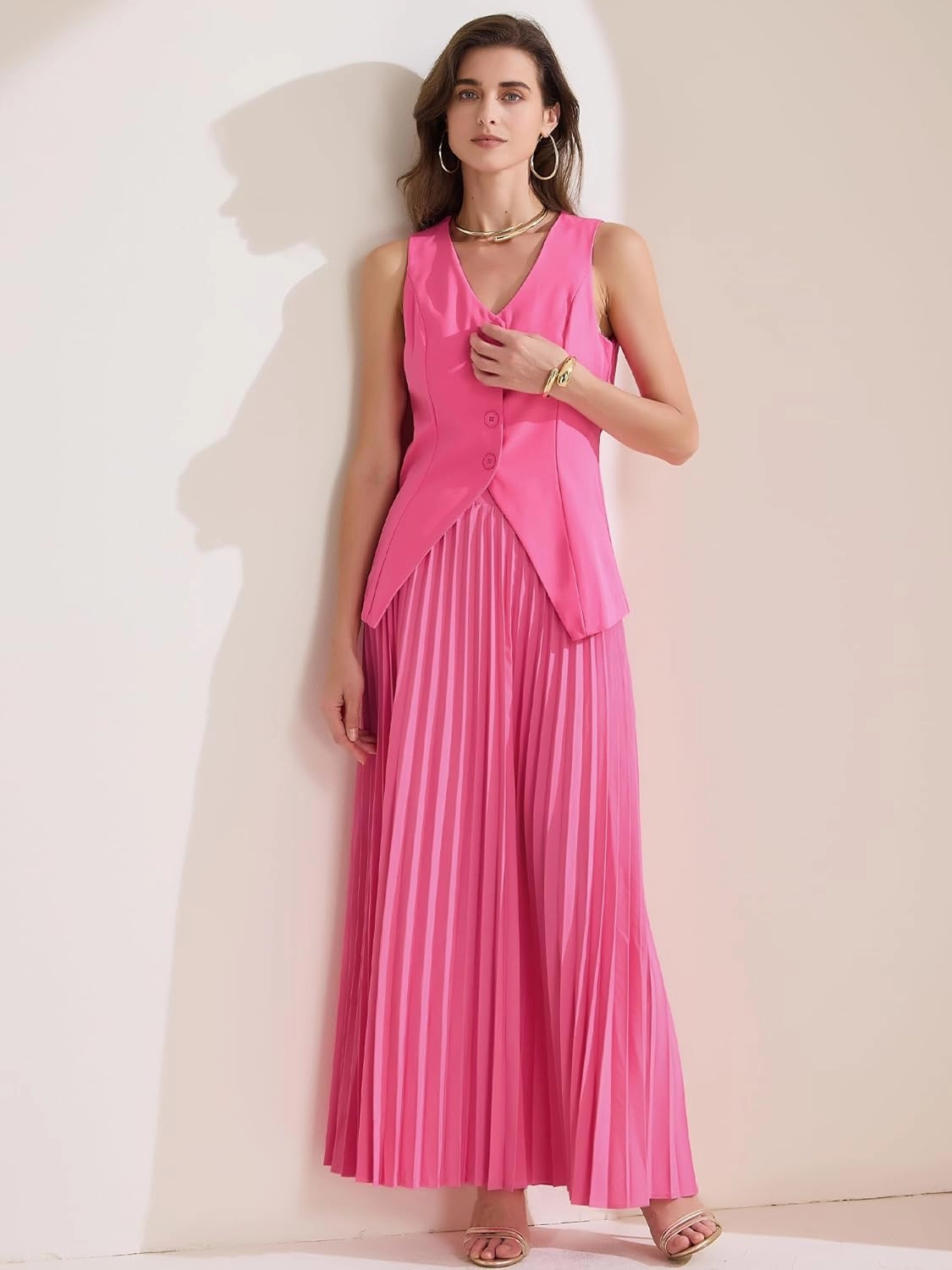 Allegra K Women's 2 Piece Summer Outfits V Neck Sleeveless Button Vest Maxi Pleated Skirts Set