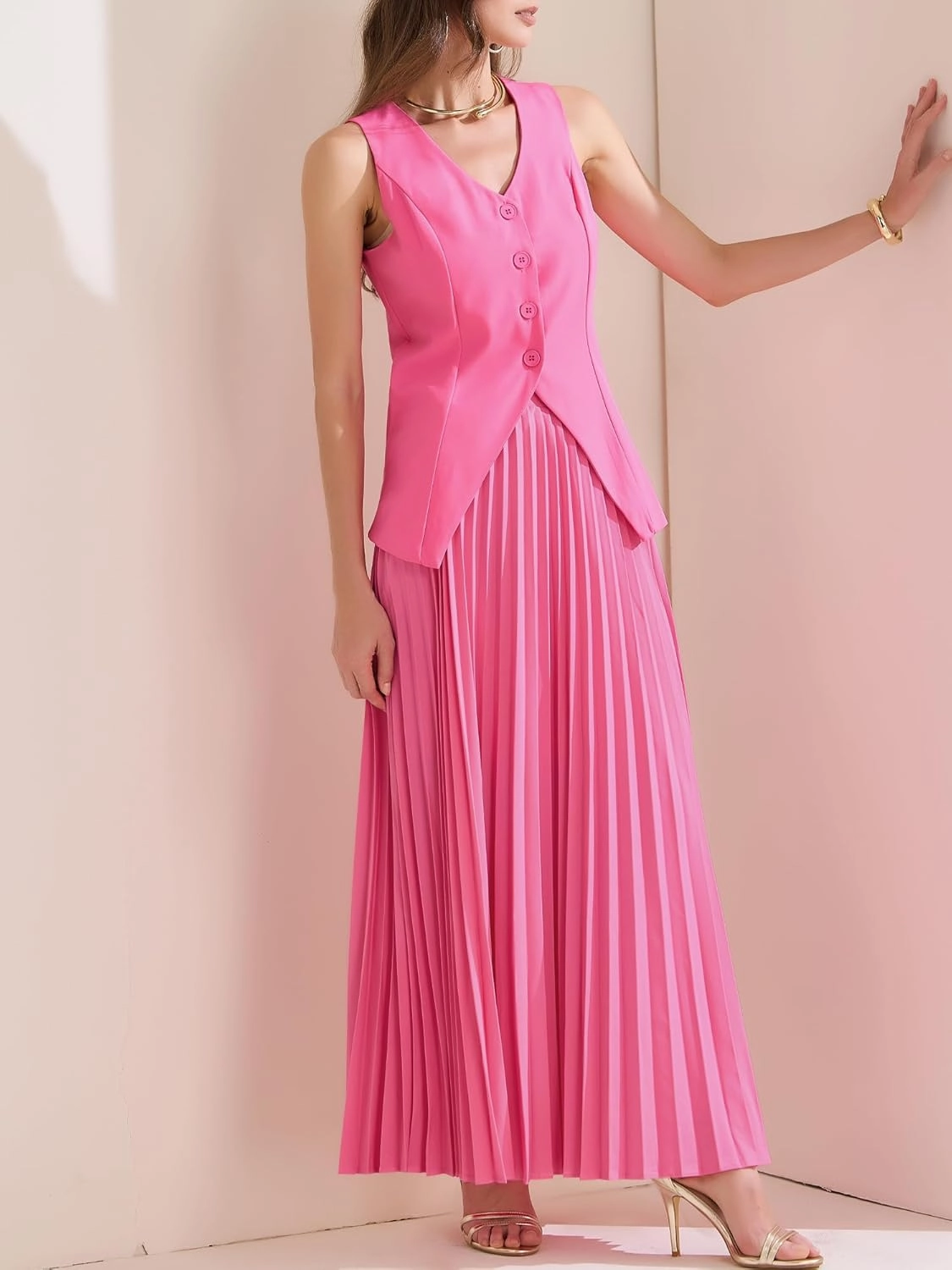 Allegra K Women's 2 Piece Summer Outfits V Neck Sleeveless Button Vest Maxi Pleated Skirts Set