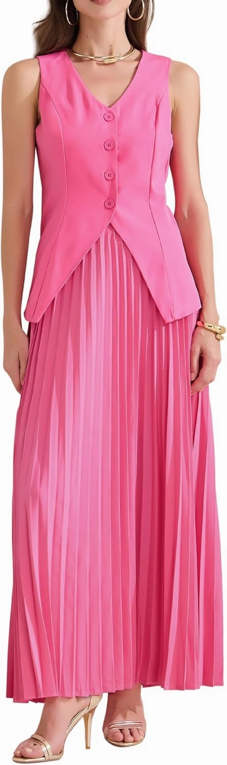 Allegra K Women's 2 Piece Summer Outfits V Neck Sleeveless Button Vest Maxi Pleated Skirts Set