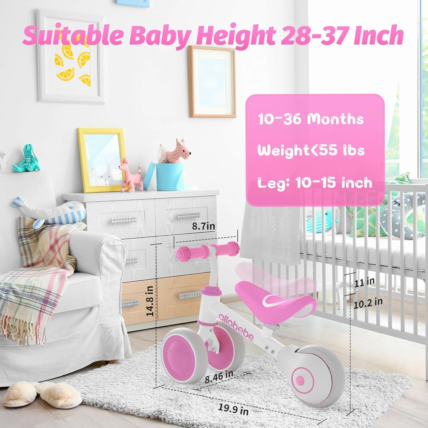 allobebe Baby Balance Bike, Cute Toddler Bikes 12-36 Months Gifts for 1 Year Old Girl Bike to Train Baby from Standing to Running with Adjustable Seat Silent & Soft 3 Wheels