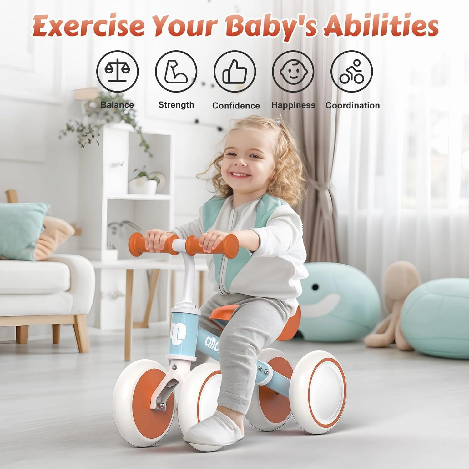 allobebe Baby Balance Bike, Cute Toddler Bikes 12-36 Months Gifts for 1 Year Old Girl Bike to Train Baby from Standing to Running with Adjustable Seat Silent & Soft 3 Wheels