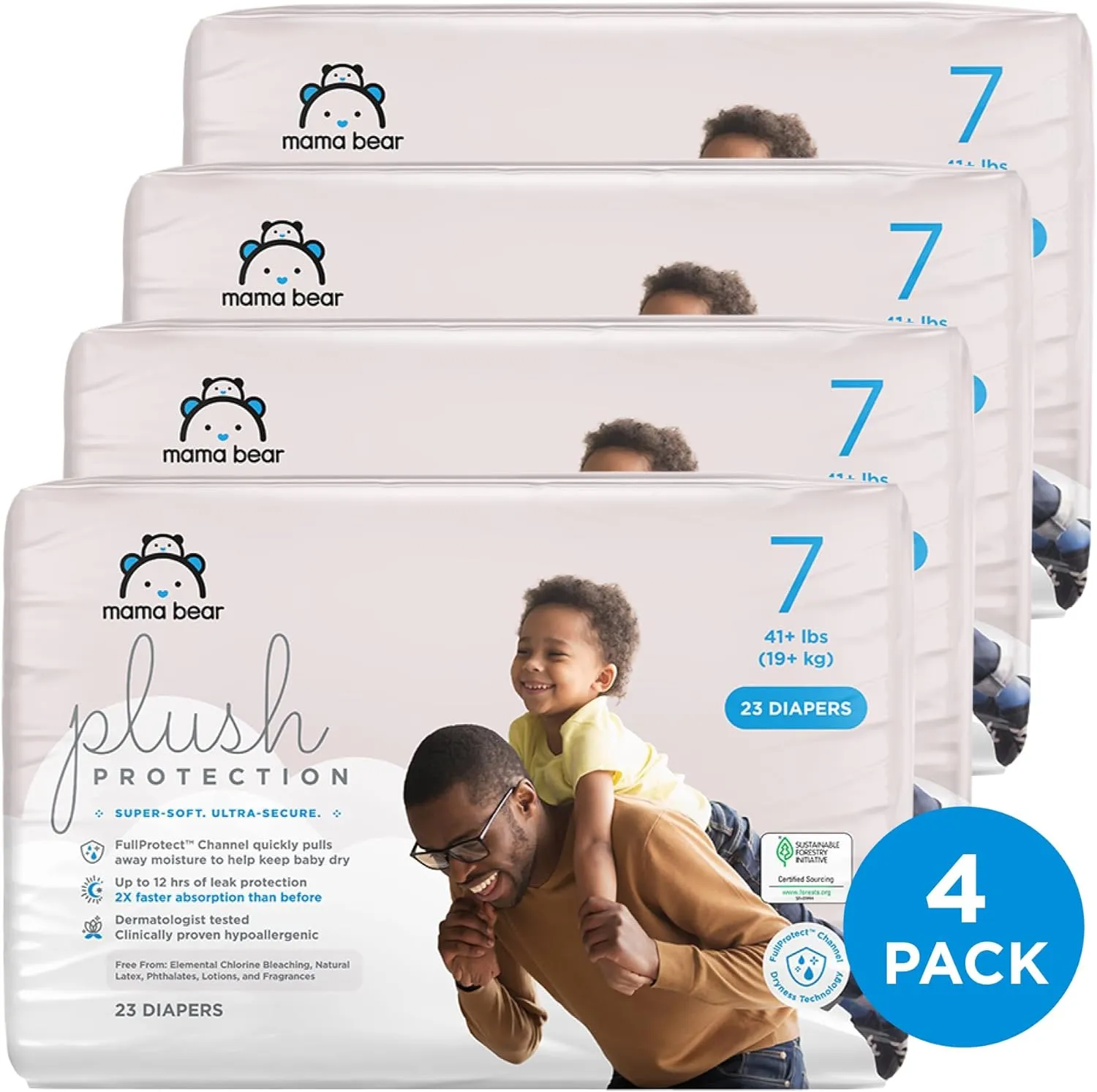 Amazon Brand - Mama Bear Plush Protection Diapers - Size 7, One Month Supply, Hypoallergenic Premium Disposable Baby Diapers, 92 Count (Pack of 4), White and Cloud Dreams
