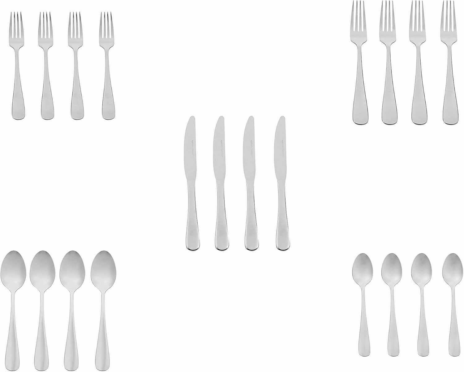 Amazon Basics Silverware Set, Stainless Steel Flatware, Dishwasher Safe, Service for 4, 20-Piece Forks and Spoons, Round Edge