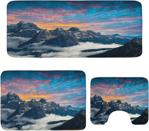 Ambesonne Mountain Bathroom Rug Set 3 Pieces, Alpine Scenery Foggy Italian Natural Park Vivid Sky Above Clouds Photography, Plush 2 Rectangular Floor Mats & a U-Shape Toilet Mat, Black White Blue