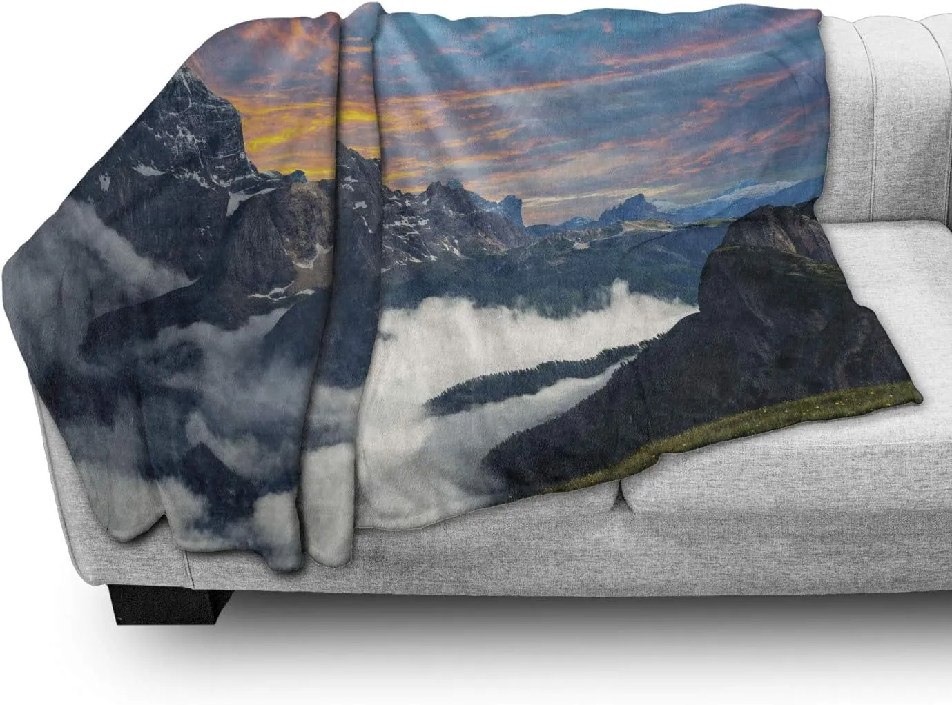 Ambesonne Mountain Throw Blanket, Alpine Scenery Foggy Italian Natural Park Vivid Sky Above Clouds Photography, Flannel Fleece Accent Piece Soft Couch Cover for Adults, 50" x 60", Black White Blue