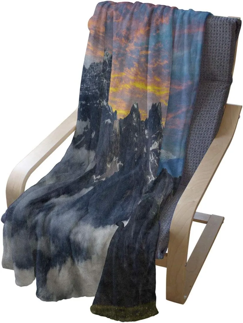 Ambesonne Mountain Throw Blanket, Alpine Scenery Foggy Italian Natural Park Vivid Sky Above Clouds Photography, Flannel Fleece Accent Piece Soft Couch Cover for Adults, 50" x 60", Black White Blue