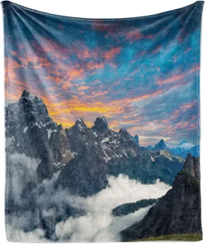 Ambesonne Mountain Throw Blanket, Alpine Scenery Foggy Italian Natural Park Vivid Sky Above Clouds Photography, Flannel Fleece Accent Piece Soft Couch Cover for Adults, 50" x 60", Black White Blue
