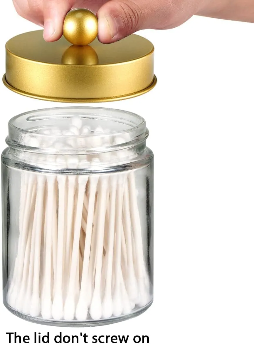 Amolliar 4 Pack Apothecary Jars Bathroom Vanity Storage Organizer Set -Countertop Canister with Stainless Steel Lids &Cute Stickers - Qtip Dispenser Holder for Qtips,Cotton Swabs,Makeup Sponges(Gold)