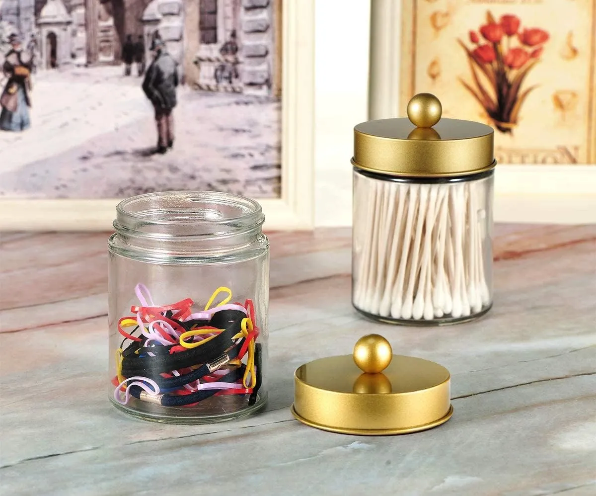 Amolliar 4 Pack Apothecary Jars Bathroom Vanity Storage Organizer Set -Countertop Canister with Stainless Steel Lids &Cute Stickers - Qtip Dispenser Holder for Qtips,Cotton Swabs,Makeup Sponges(Gold)