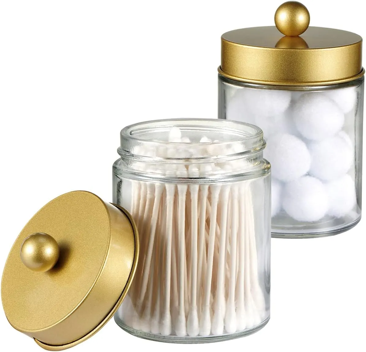 Amolliar 4 Pack Apothecary Jars Bathroom Vanity Storage Organizer Set -Countertop Canister with Stainless Steel Lids &Cute Stickers - Qtip Dispenser Holder for Qtips,Cotton Swabs,Makeup Sponges(Gold)