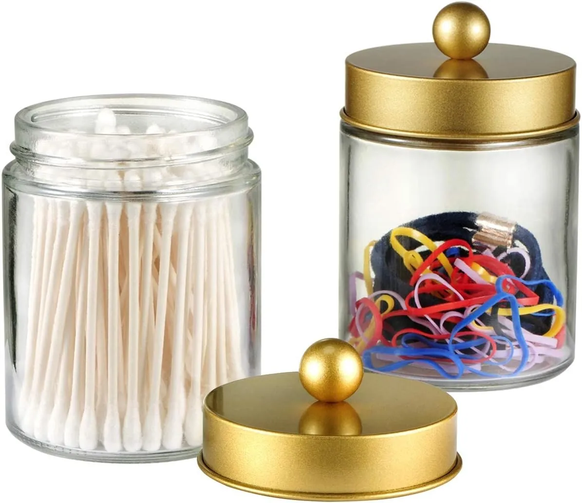Amolliar 4 Pack Apothecary Jars Bathroom Vanity Storage Organizer Set -Countertop Canister with Stainless Steel Lids &Cute Stickers - Qtip Dispenser Holder for Qtips,Cotton Swabs,Makeup Sponges(Gold)