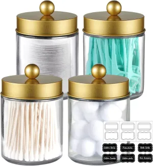 Amolliar 4 Pack Apothecary Jars Bathroom Vanity Storage Organizer Set -Countertop Canister with Stainless Steel Lids &Cute Stickers - Qtip Dispenser Holder for Qtips,Cotton Swabs,Makeup Sponges(Gold)