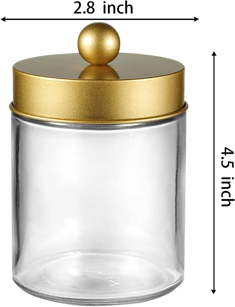 Amolliar 4 Pack Apothecary Jars Bathroom Vanity Storage Organizer Set -Countertop Canister with Stainless Steel Lids &Cute Stickers - Qtip Dispenser Holder for Qtips,Cotton Swabs,Makeup Sponges(Gold)