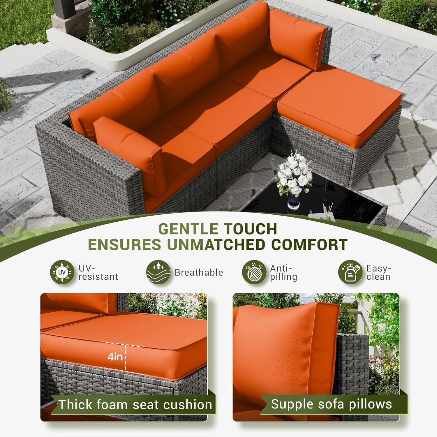 Amopatio Outdoor Cushions, Replacement Patio Furniture Cushions for 4-Seat Outdoor Furniture, Waterproof & Fade Resistant for Patio Sectional Couch(Cores & Covers, Orange)
