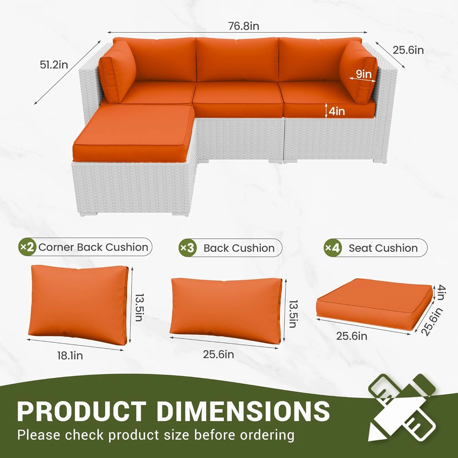 Amopatio Outdoor Cushions, Replacement Patio Furniture Cushions for 4-Seat Outdoor Furniture, Waterproof & Fade Resistant for Patio Sectional Couch(Cores & Covers, Orange)
