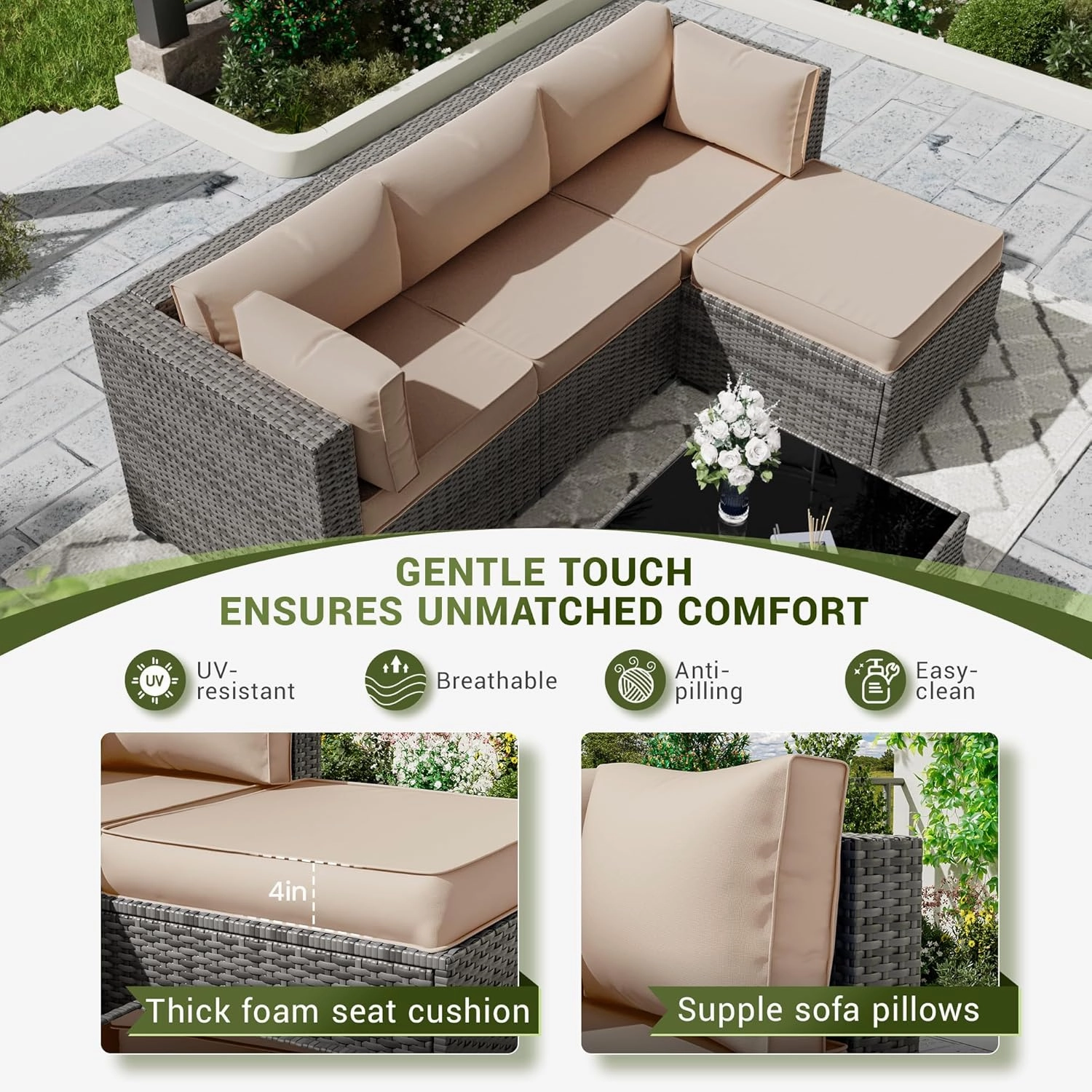 Amopatio Patio Furniture Cushions, Replacement Outdoor Cushions for 4-Seat Patio Furniture, Waterproof Cushions for Outdoor Sectional Sofa Couch(Beige)