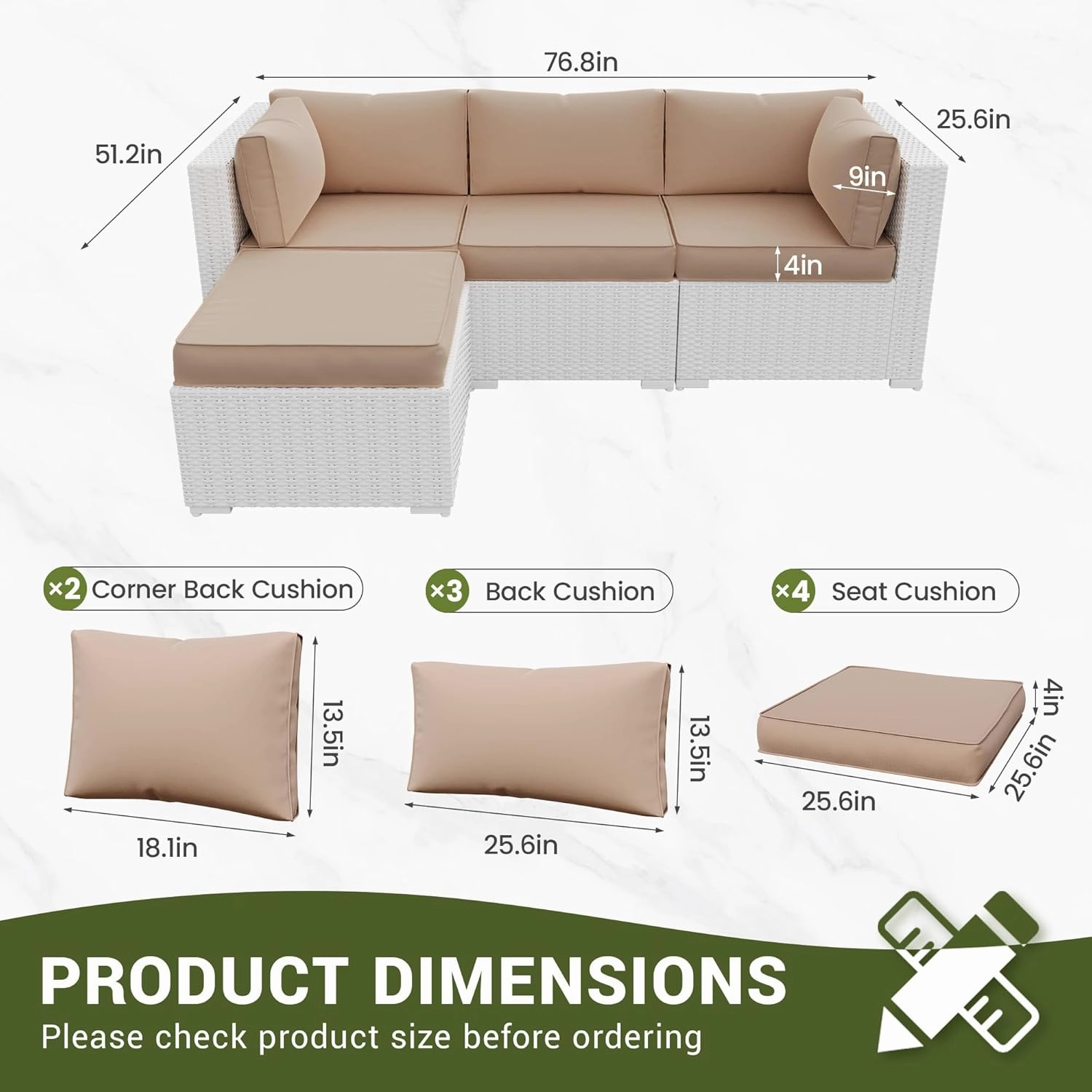 Amopatio Patio Furniture Cushions, Replacement Outdoor Cushions for 4-Seat Patio Furniture, Waterproof Cushions for Outdoor Sectional Sofa Couch(Beige)