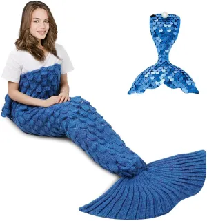 AmyHomie Mermaid Tail Blanket for Adults, Crochet Mermaid Blanket for Women Soft All Seasons Sleeping Blankets for Teen Girls (ScaleBlue,Adults)