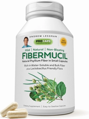ANDREW LESSMAN Fibermucil 180 Capsules -Psyllium Husk Powder. Gently Promotes Regularity and Digestive Health. Rich in Fiber. Gentle, Easy, Effective. No Additives. Small Easy to Swallow Capsules