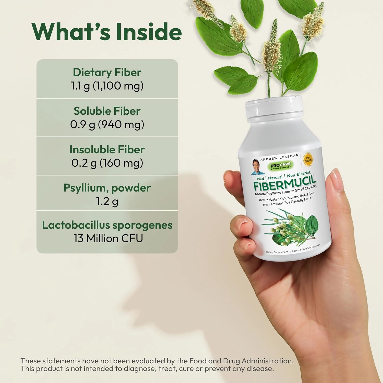 ANDREW LESSMAN Fibermucil 180 Capsules -Psyllium Husk Powder. Gently Promotes Regularity and Digestive Health. Rich in Fiber. Gentle, Easy, Effective. No Additives. Small Easy to Swallow Capsules