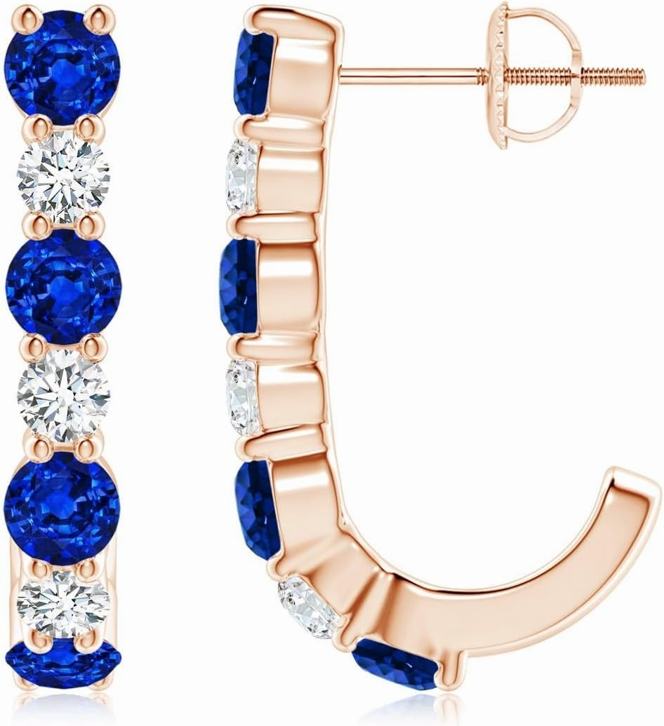 ANGARA Natural Blue Sapphire and Diamond J-Hoop Earrings in 14K Solid Gold/Platinum | September Birthstone, Birthday, Engagement, Anniversary, Wedding Jewelry Gift for Women