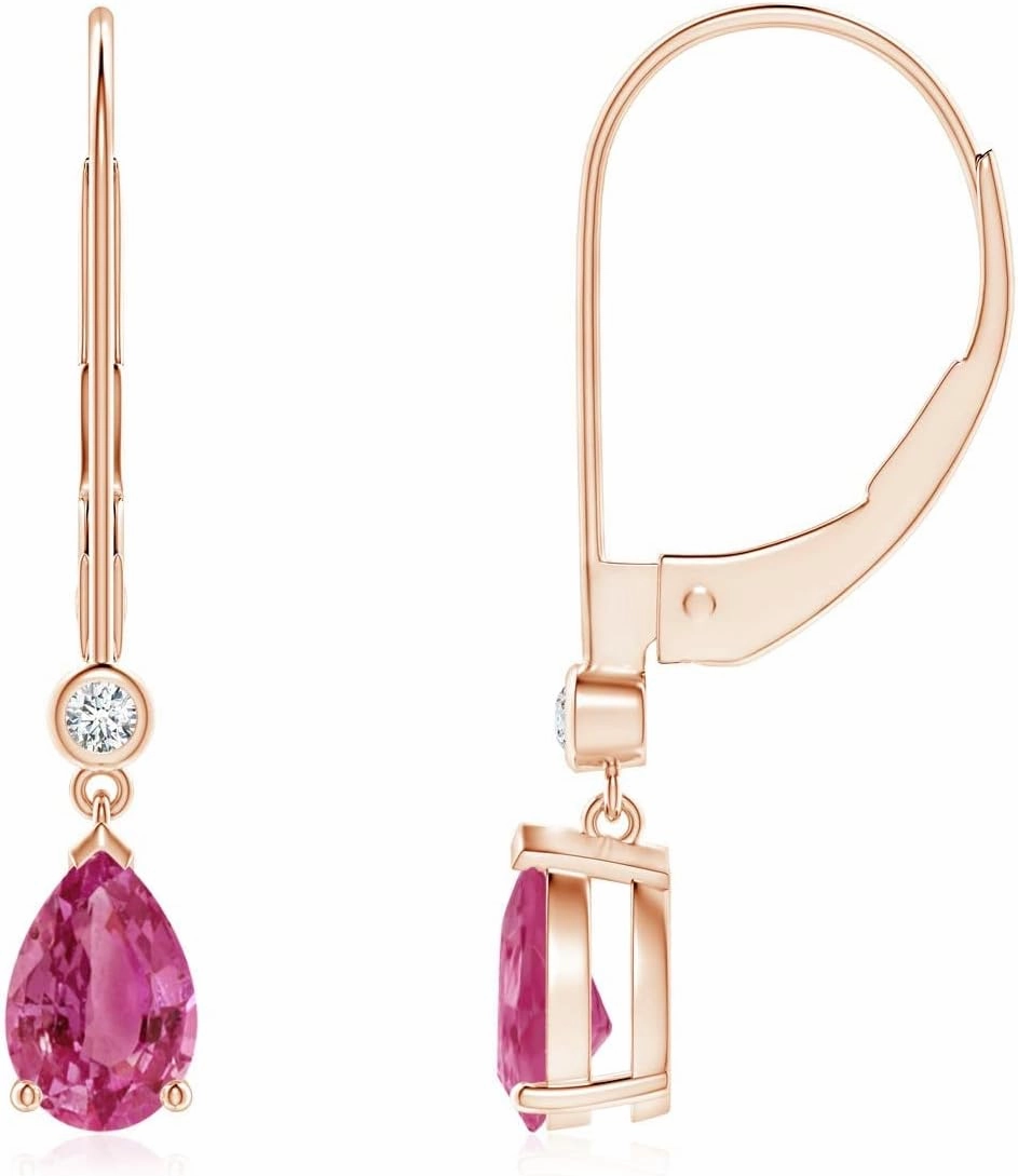 ANGARA Natural Pear-Shaped Pink Sapphire Leverback Drop Earrings with Diamond in 14K Solid Gold/Platinum | Birthday, Engagement, Anniversary, Wedding Jewelry Gift for Women