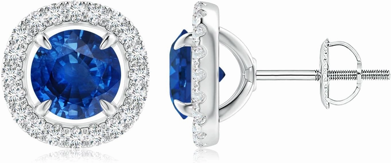 ANGARA Natural Vintage Style Sapphire and Diamond Halo Stud Earrings in 14K Solid Gold/Platinum | September Birthstone, Birthday, Engagement, Anniversary, Wedding Jewelry Gift for Women