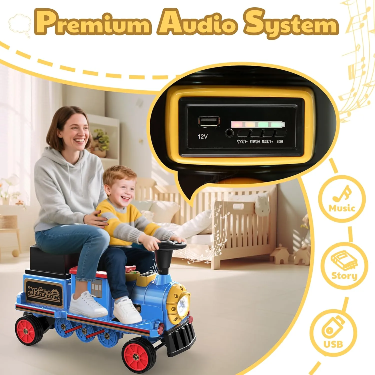 ANPABO 2-Seater Ride On Train Trackless, 12V Kids Car with Height-Adjustable Seat, Extra Storage, Headlight, Train Whistle & Music, Electric Car for Kids 3  (Carriage Not Included), Blue