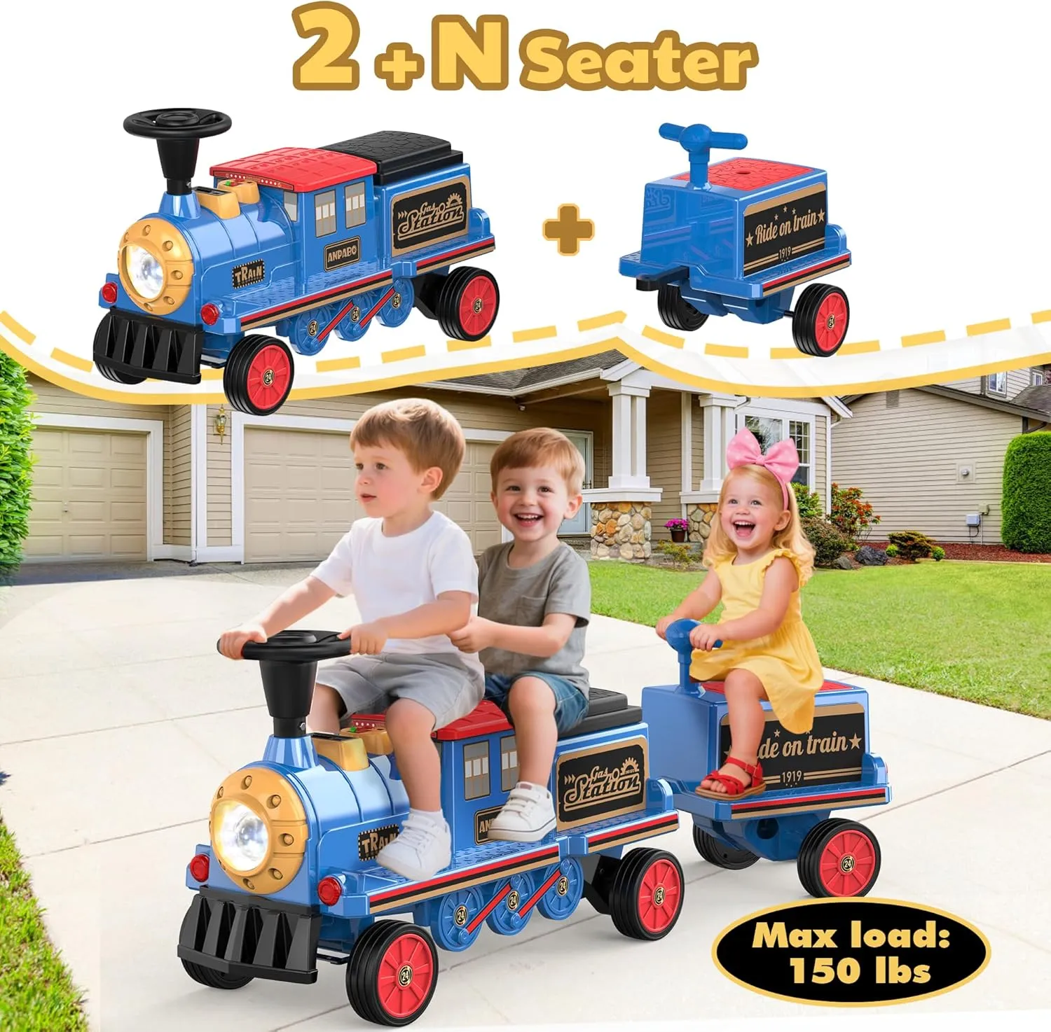 ANPABO 2-Seater Ride On Train Trackless, 12V Kids Car with Height-Adjustable Seat, Extra Storage, Headlight, Train Whistle & Music, Electric Car for Kids 3  (Carriage Not Included), Blue