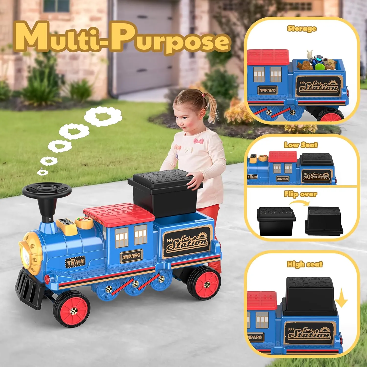 ANPABO 2-Seater Ride On Train Trackless, 12V Kids Car with Height-Adjustable Seat, Extra Storage, Headlight, Train Whistle & Music, Electric Car for Kids 3  (Carriage Not Included), Blue