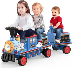 ANPABO Ride On Train Set Trackless, Include 1 Locomotive and 1 Carriage, 12V Kids Car with Height-Adjustable Seat, Extra Storage, Headlight, Train Whistle & Music, Electric Car for Kids 3 , Blue