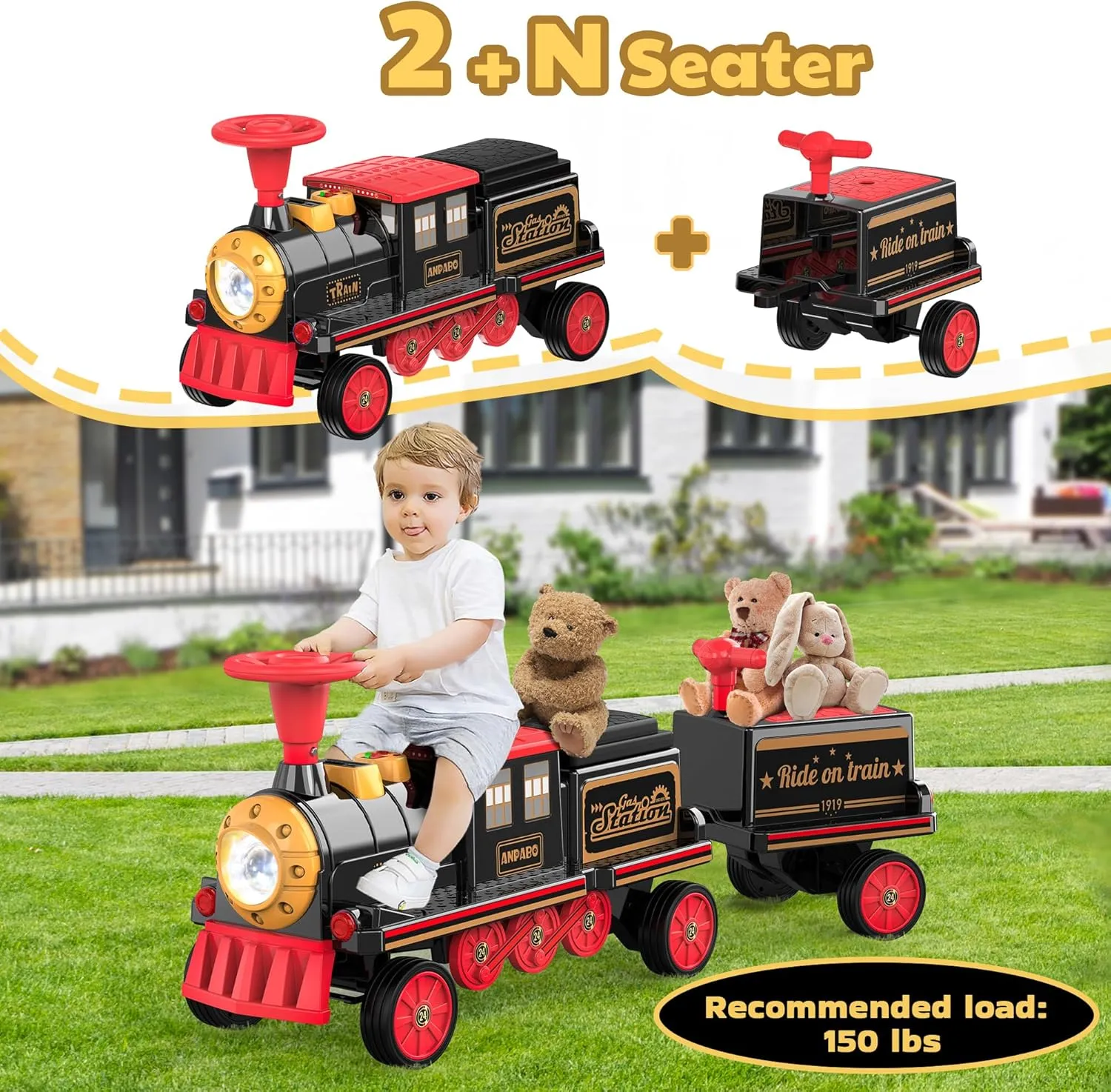 ANPABO Ride On Train Set Trackless, Include 1 Locomotive and 1 Carriage, 12V Kids Car with Height-Adjustable Seat, Extra Storage, Headlight, Train Whistle & Music, Electric Car for Kids 3 , Red