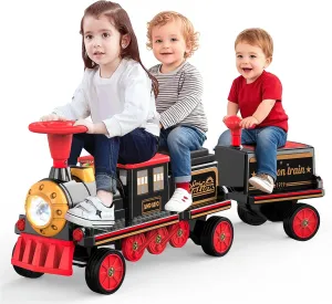 ANPABO Ride On Train Set Trackless, Include 1 Locomotive and 1 Carriage, 12V Kids Car with Height-Adjustable Seat, Extra Storage, Headlight, Train Whistle & Music, Electric Car for Kids 3 , Red