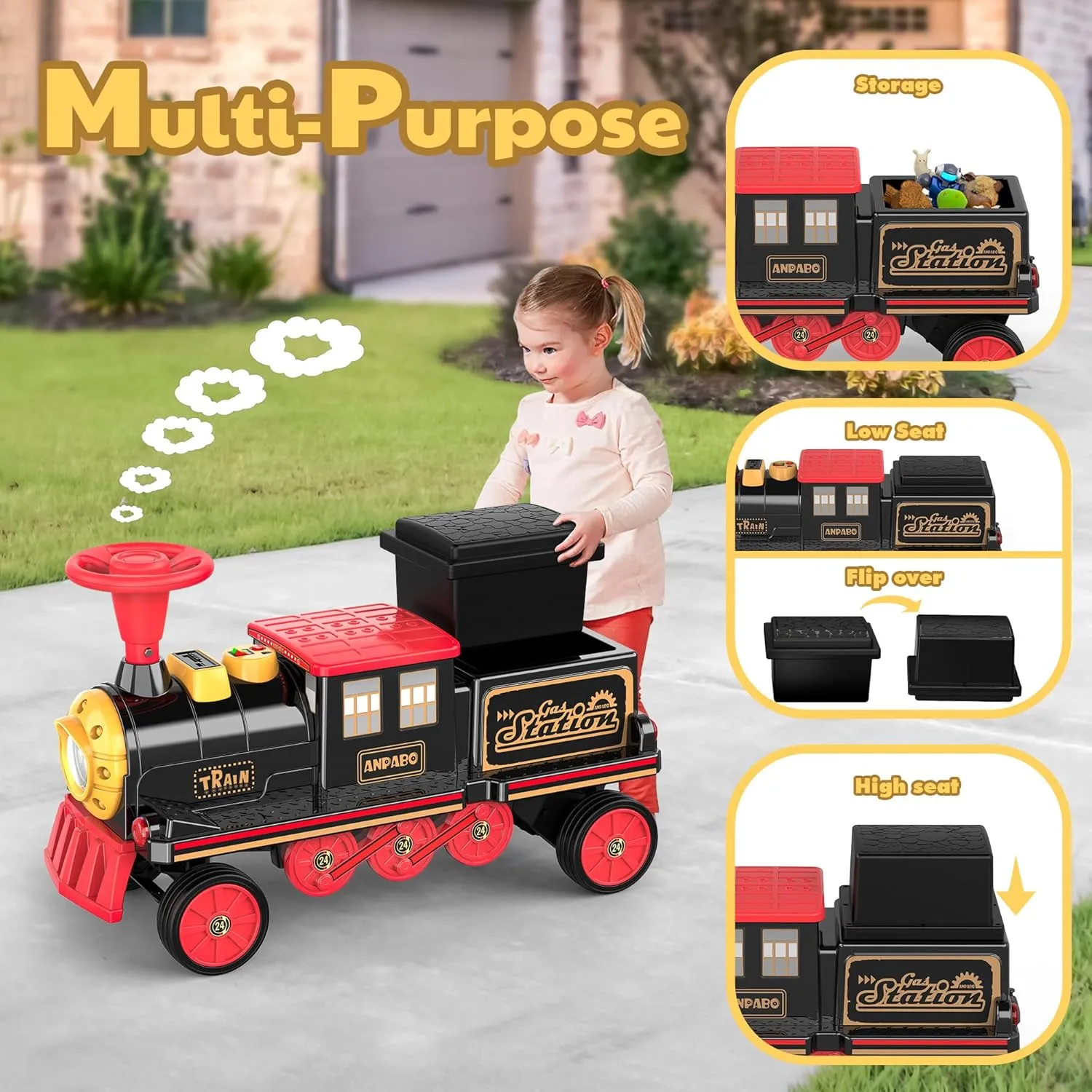ANPABO Ride On Train Set Trackless, Include 1 Locomotive and 1 Carriage, 12V Kids Car with Height-Adjustable Seat, Extra Storage, Headlight, Train Whistle & Music, Electric Car for Kids 3 , Red