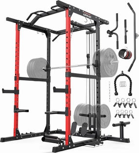 ARMAC Power Cage,1500lbs Multi-Function Power Rack with Adjustable Cable Crossover System and More Training Attachment (red)