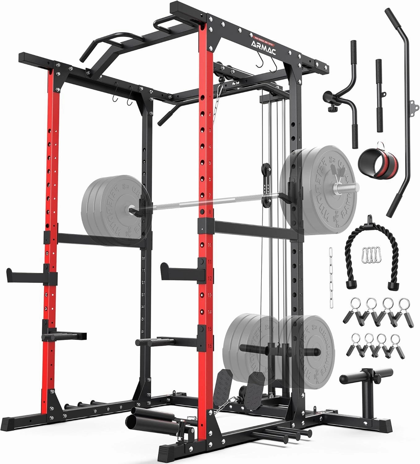ARMAC Power Cage,1500lbs Multi-Function Power Rack with Adjustable Cable Crossover System and More Training Attachment (red)
