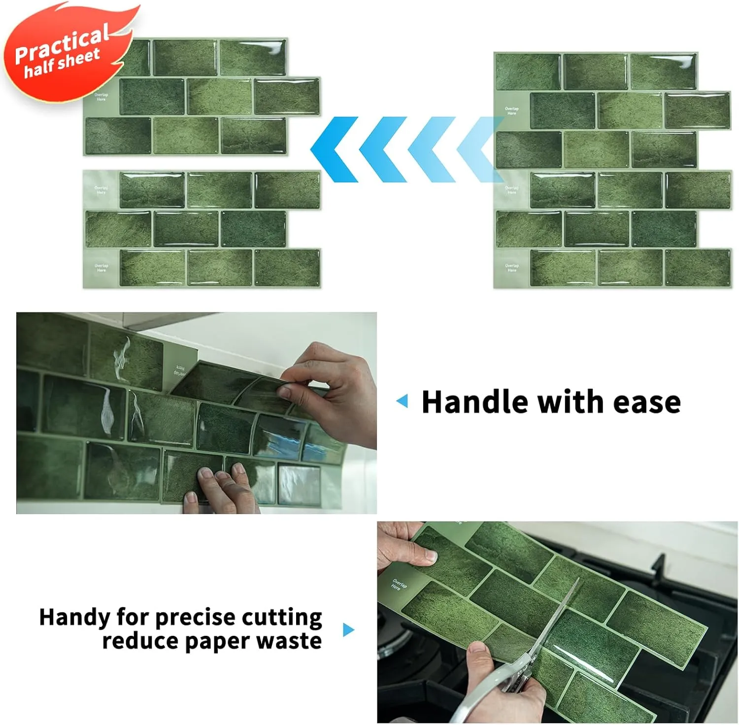 Art3d Peel and Stick Backsplash Tile Green for Kithchen Bathroom Laundry Room Stove RV, 20-Pack of 12 x 6" Self-Adhesive Vinyl Stick On Subway Tile