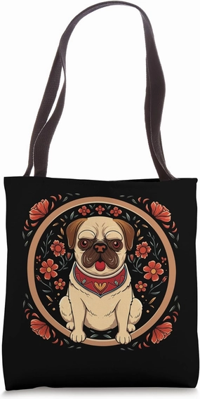 Art Flower Pattern Russian Culture Russian Khokhloma Pug Tote Bag