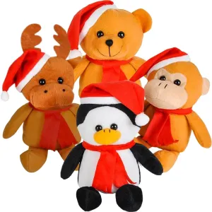 ArtCreativity Plush Christmas Animal Assortment, Set of 4 Christmas Plushies, Christmas Stuffed Animals for Kids, Includes Monkey, Bear, Reindeer, & Penguin Plush, Stuffed Holiday Toys