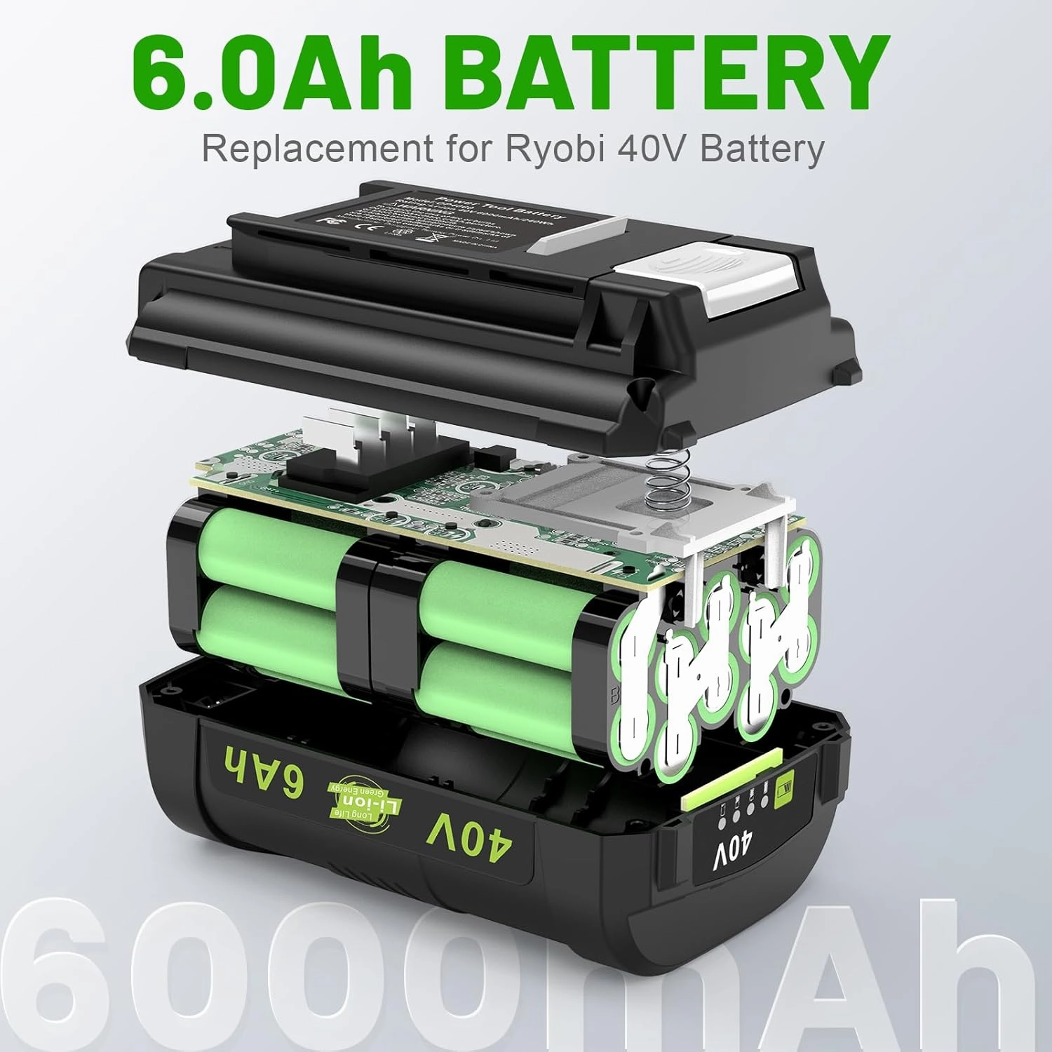 ARyee 6.0Ah 40V OP4060 OP4050A Replace for Ryobi 40V Battery OP4015 OP4040 OP4026A OP40201 OP4015 OP40261 OP4030 OP40401 Cordless Power Tool Lithium Battery, 2Pack
