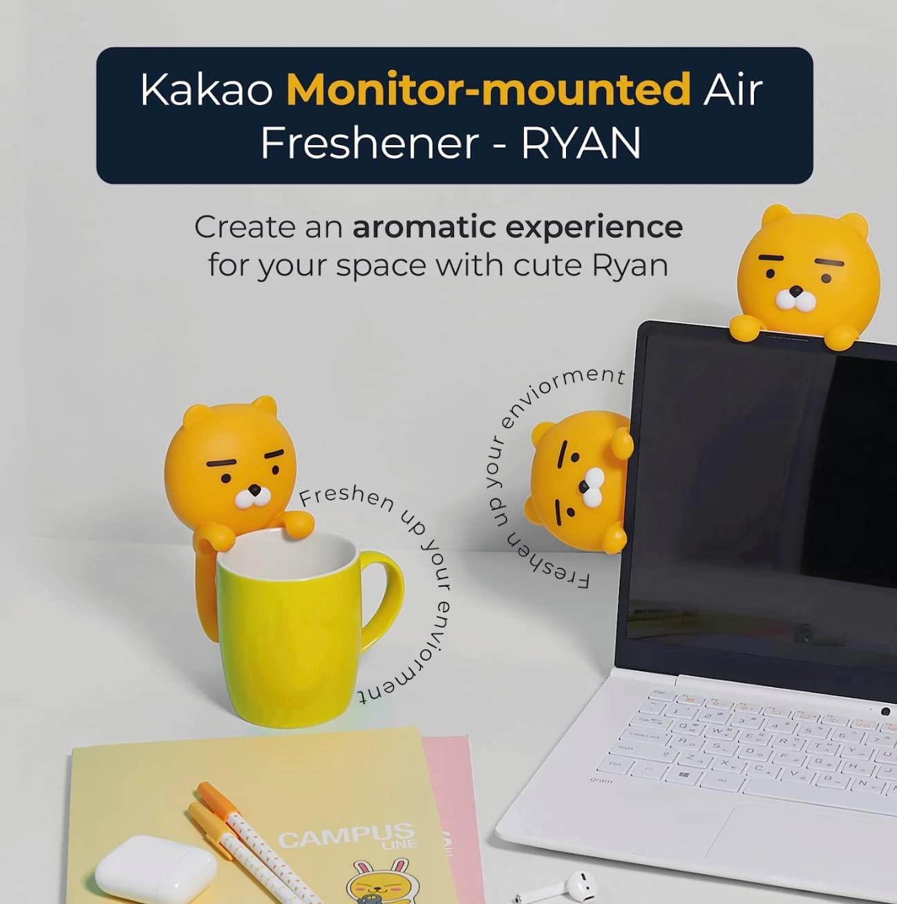 AURA Monitor-Mounted Air Freshener, Ryan (Blue Sky, 0.15fl oz) - Odor Fighting for Car, Laptop, TV, Home. Kakao Friends Figurine. No Spill Air Freshener, Accessories