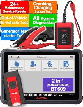 Autel Battery Tester, Code Reader, MaxiBAS BT609 6V-12V Battery 12-24V Cranking/Charging System Analysis Tool, All System Diagnostic, In&Out of Vehicle Test, 28 Service, Better BT608 BT508 BT506 MX808