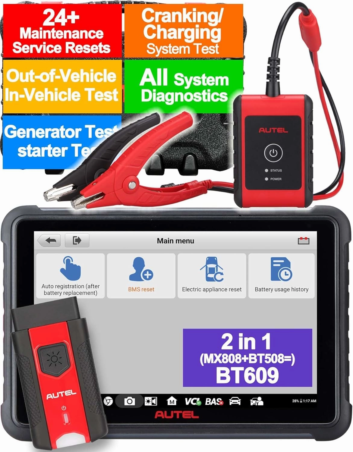 Autel Battery Tester, Code Reader, MaxiBAS BT609 6V-12V Battery 12-24V Cranking/Charging System Analysis Tool, All System Diagnostic, In&Out of Vehicle Test, 28 Service, Better BT608 BT508 BT506 MX808