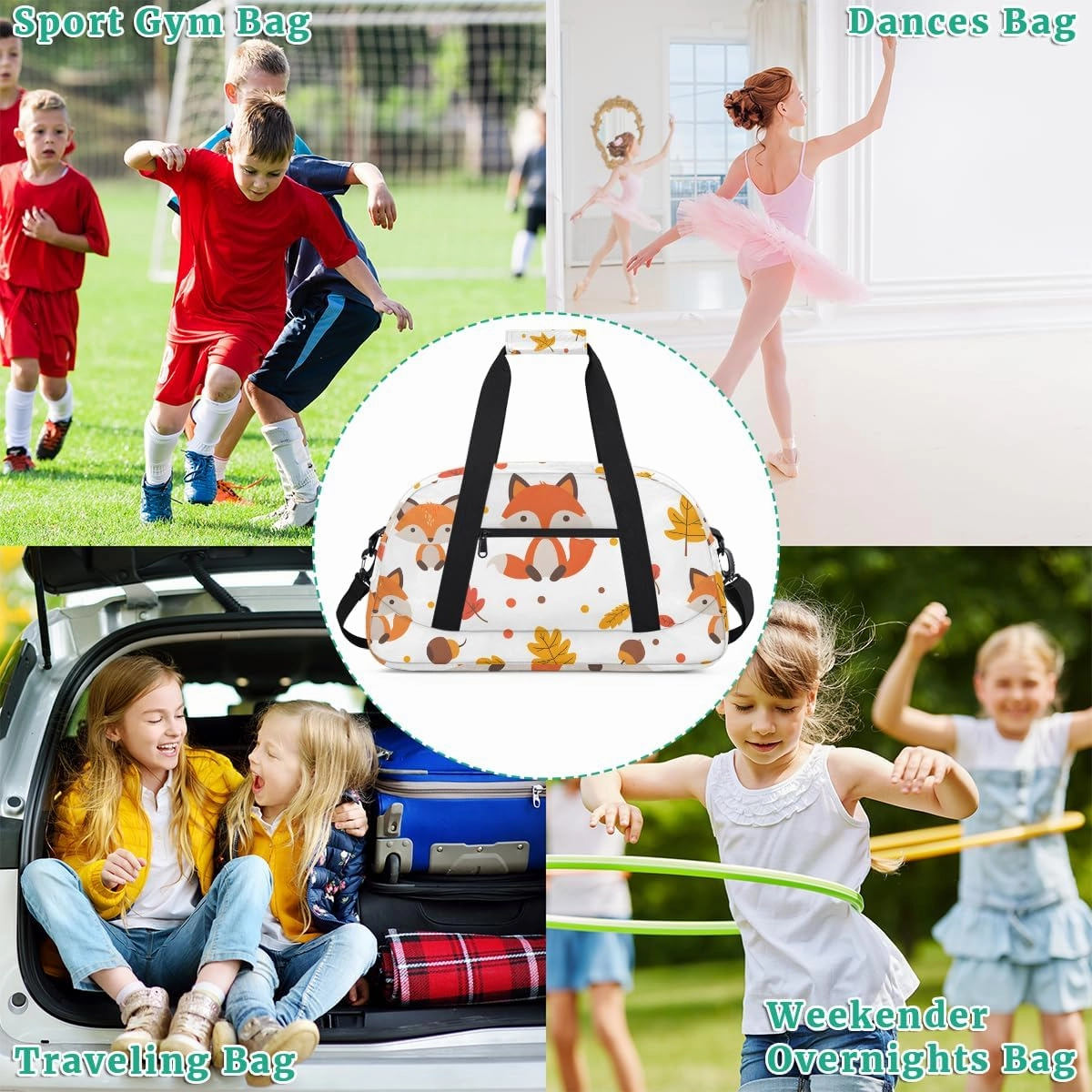 Autumn Leaf Fox Kids Overnighter Duffel Bags for Boys, Carry-On Size Sports Gym Bag with Front Zipper Pocket for School Practice or Overnight Travel Weekender Sleepover Tote Bag