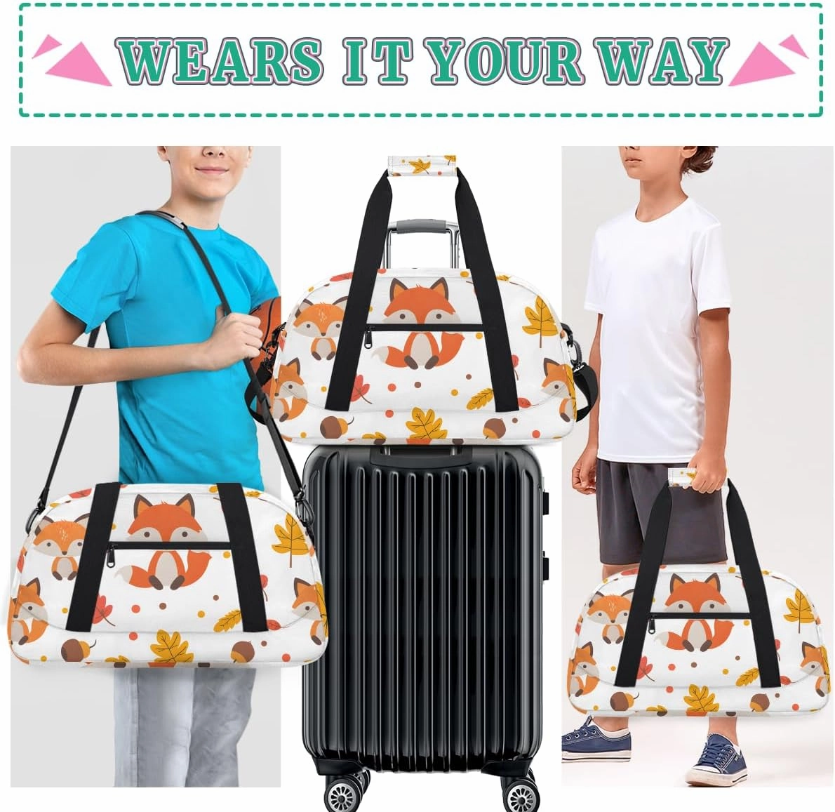 Autumn Leaf Fox Kids Overnighter Duffel Bags for Boys, Carry-On Size Sports Gym Bag with Front Zipper Pocket for School Practice or Overnight Travel Weekender Sleepover Tote Bag