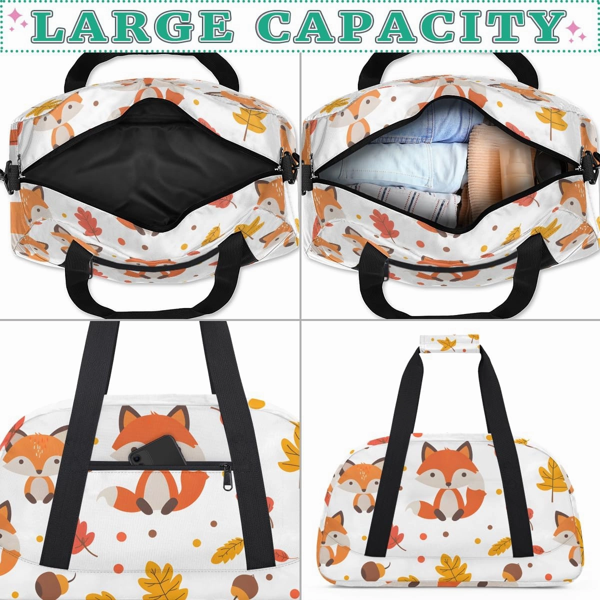 Autumn Leaf Fox Kids Overnighter Duffel Bags for Boys, Carry-On Size Sports Gym Bag with Front Zipper Pocket for School Practice or Overnight Travel Weekender Sleepover Tote Bag