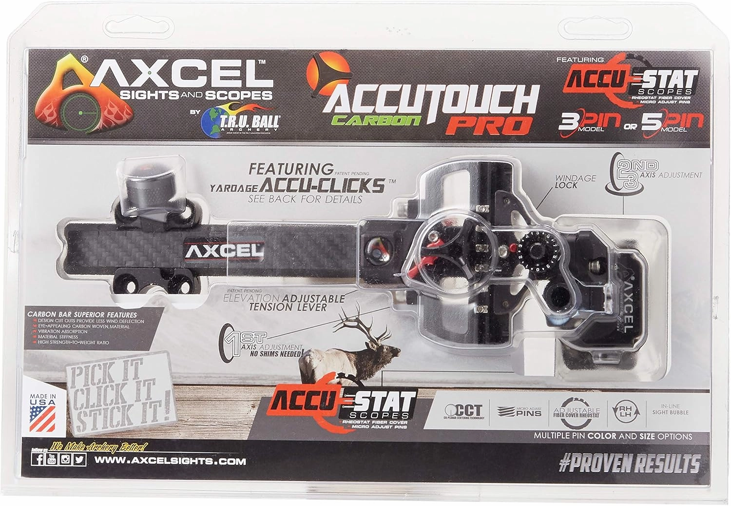 Axcel ACUT-C310-4BK Accu Touch Carbon Pro Stat 3 Pin .010 Archery Sight, Left Hand/Right Hand