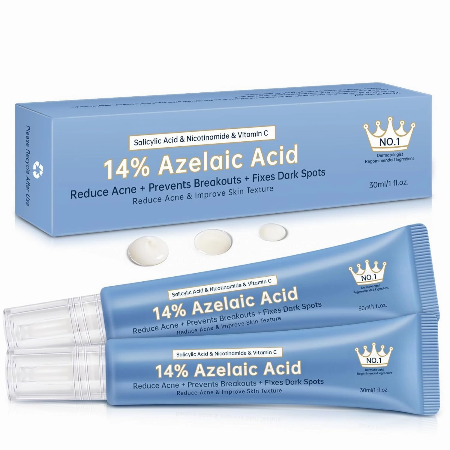 Azelaic Acid 14 Percent Cream For Face, Azelaic Acid Gel For Dark Spot, 2PCS Azelaic Acid Acne Cream With Salicylic Acid, Niacinamide & Vitamin C, Relieve Irritation..