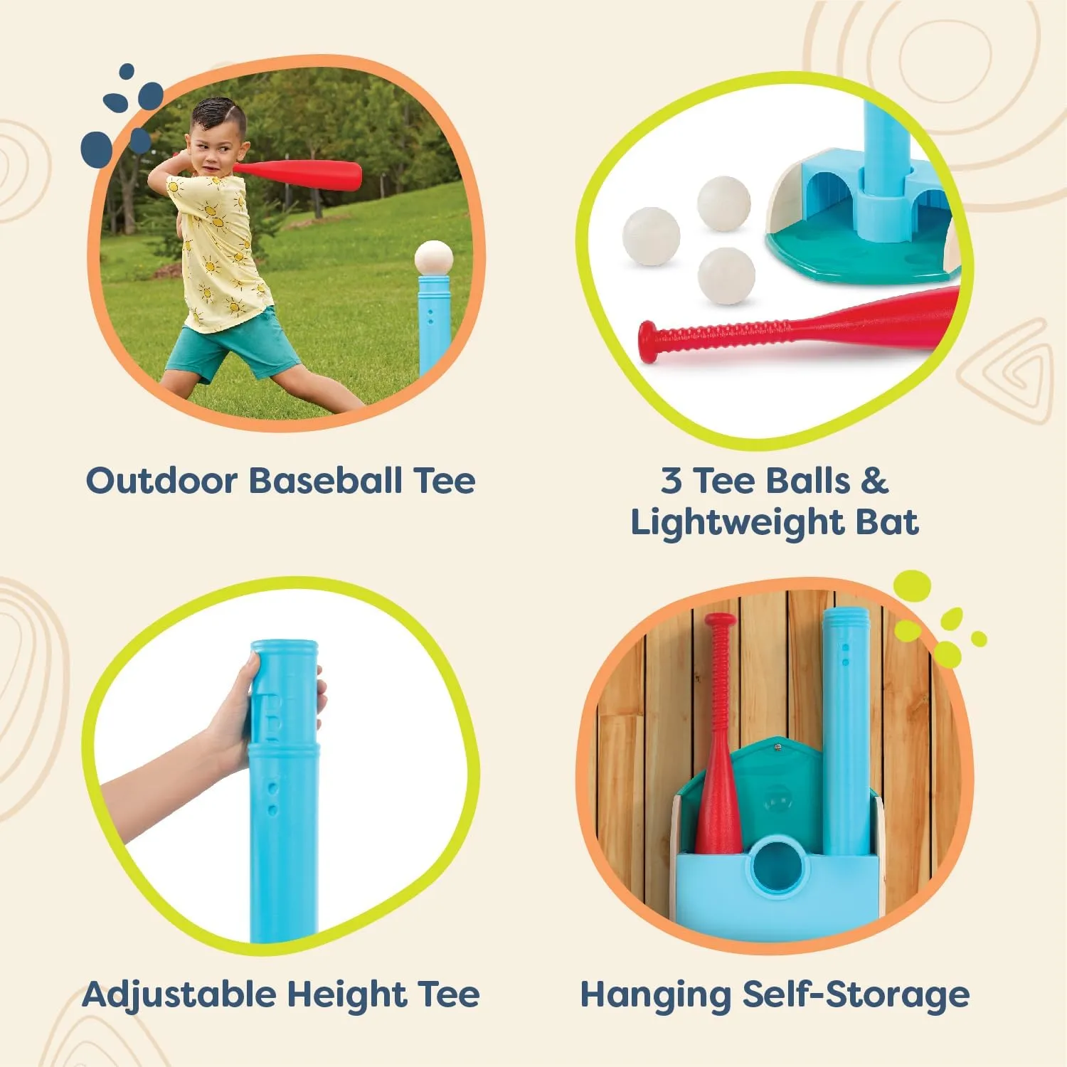 B. toys – Tee Ball Set – Outdoor Baseball Game – Adjustable Height – Hanging Self-Storage – 18 Months   – Tee-Ball Set